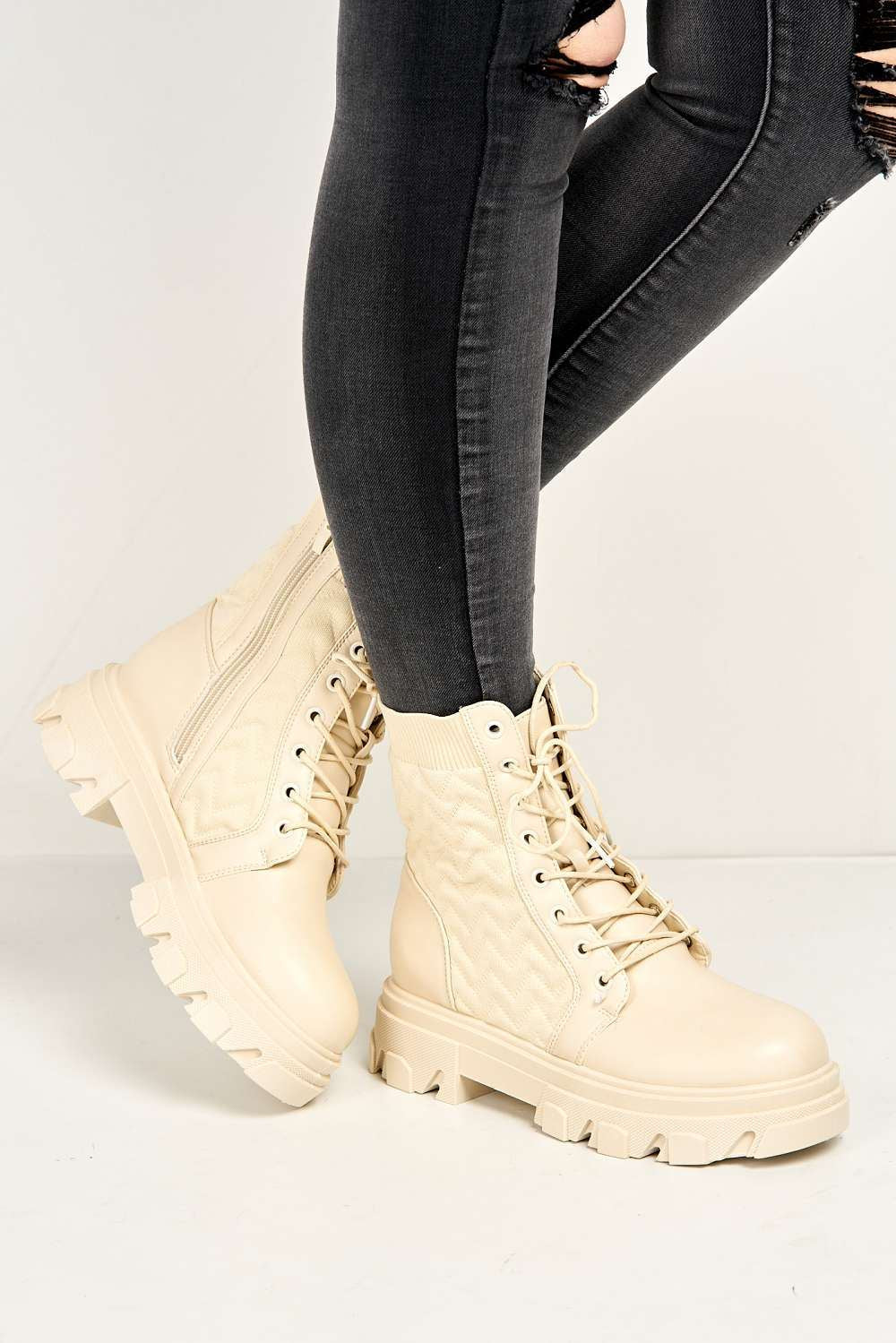 Movia Textured Stretch Panel Lace-up Combat Boots in Nude