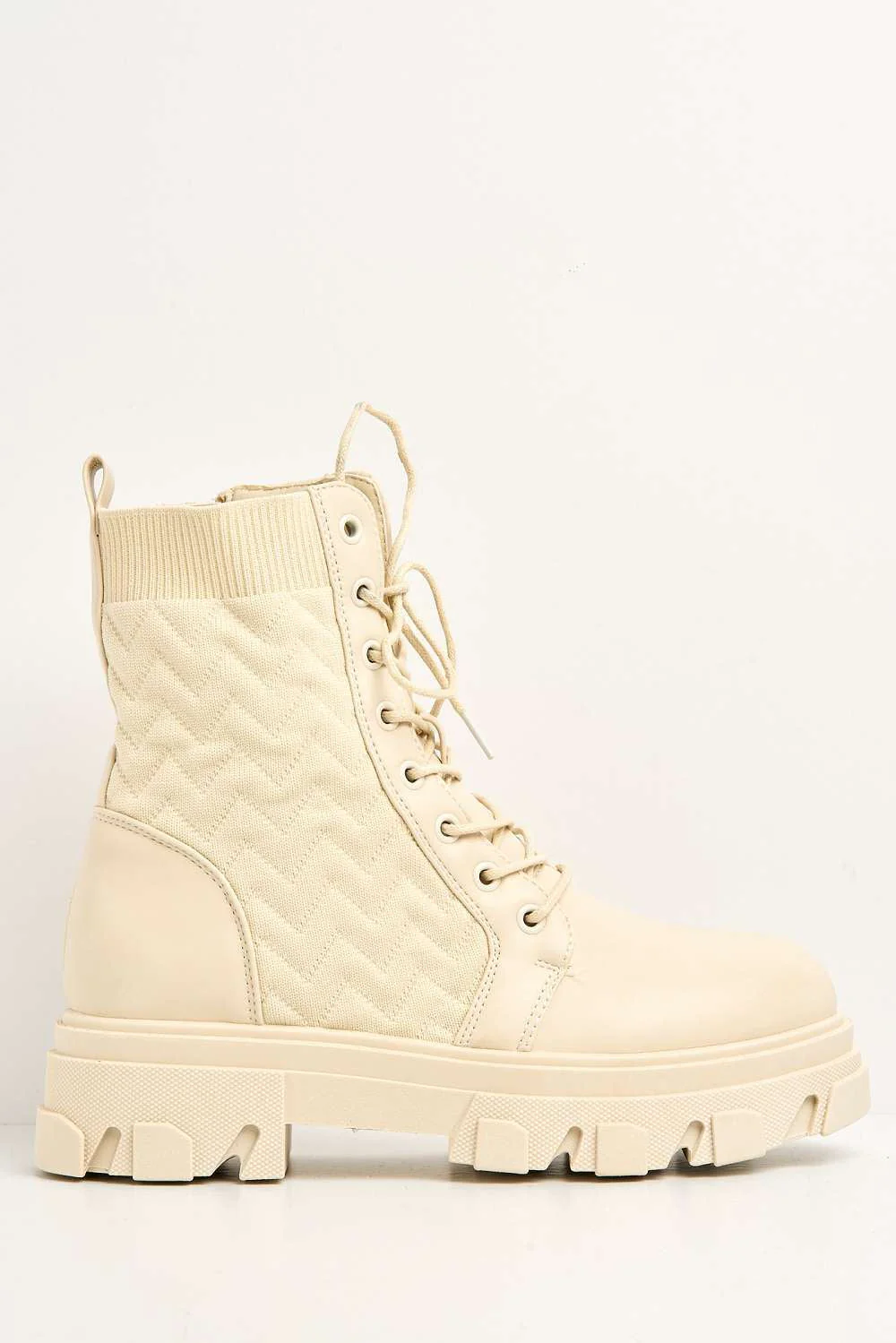 Movia Textured Stretch Panel Lace-up Combat Boots in Nude - Image 4