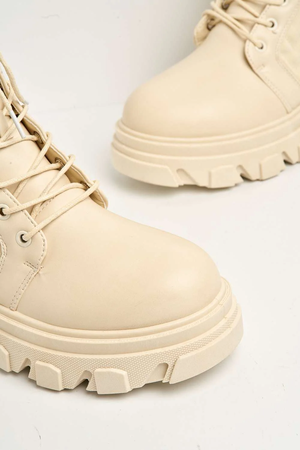 Movia Textured Stretch Panel Lace-up Combat Boots in Nude - Image 5