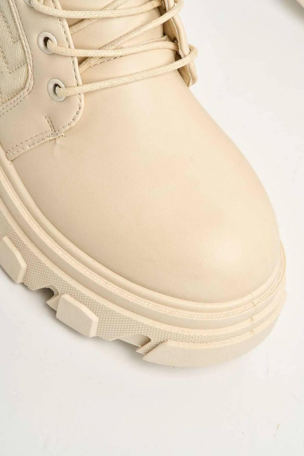 Movia Textured Stretch Panel Lace-up Combat Boots in Nude - Image 6