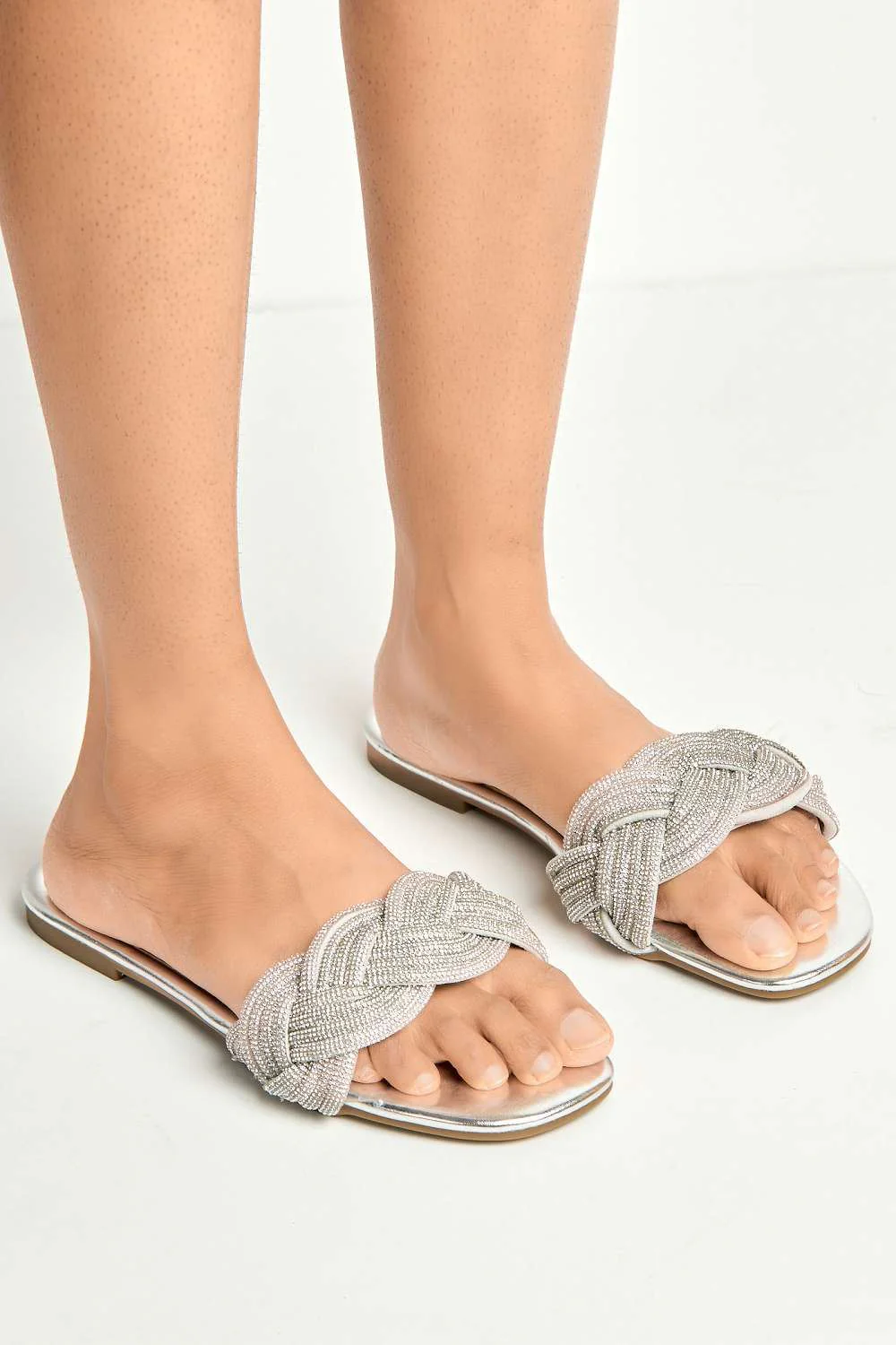 Muna Diamante Knot Band Flat Sliders in Silver - Image 3