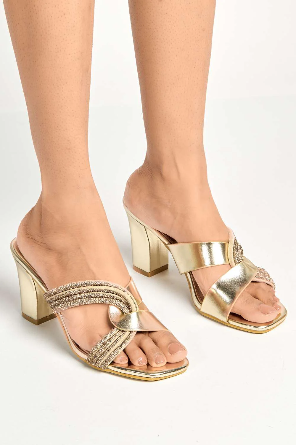 Myla Diamante Rhinestone Cross Heeled Mule Sandals in Gold - Image 2