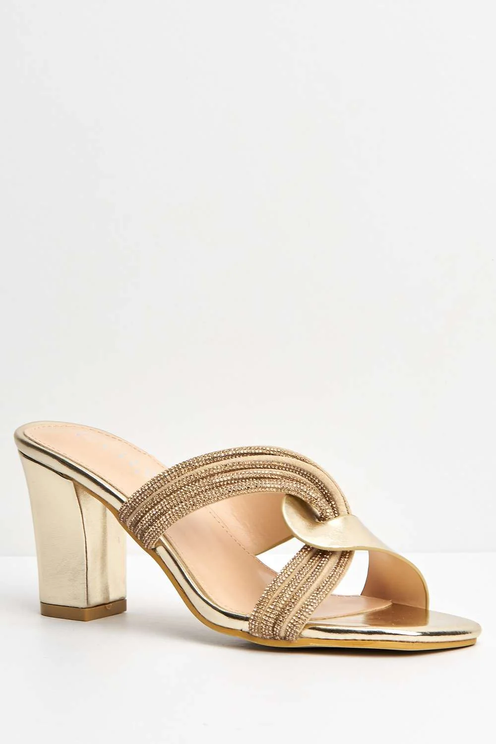 Myla Diamante Rhinestone Cross Heeled Mule Sandals in Gold - Image 4