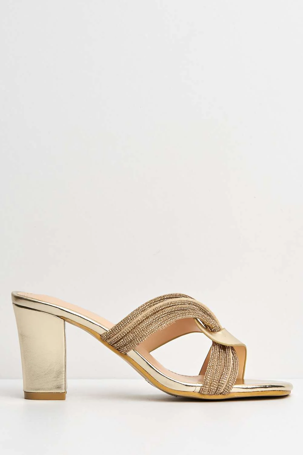Myla Diamante Rhinestone Cross Heeled Mule Sandals in Gold - Image 5