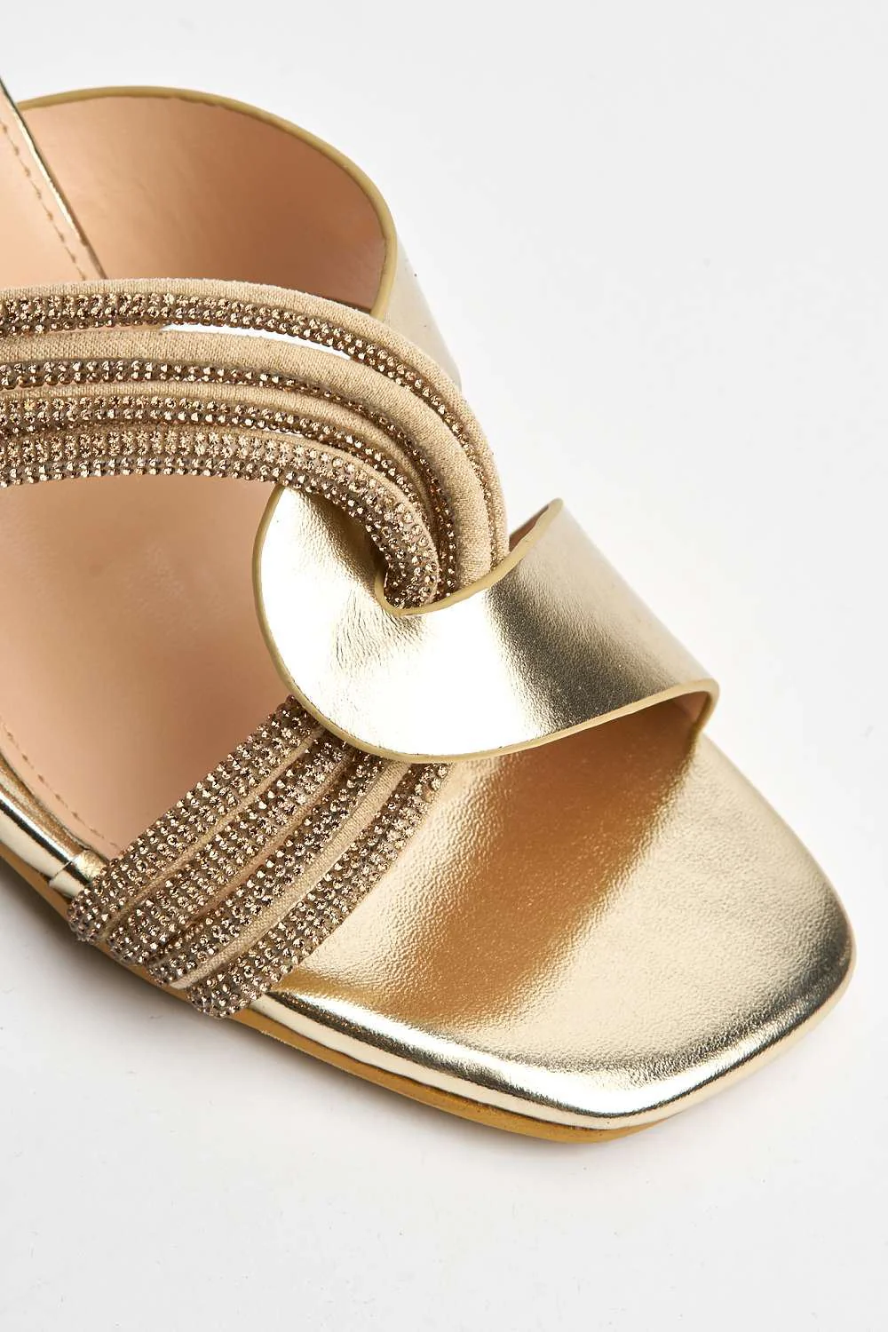 Myla Diamante Rhinestone Cross Heeled Mule Sandals in Gold - Image 6