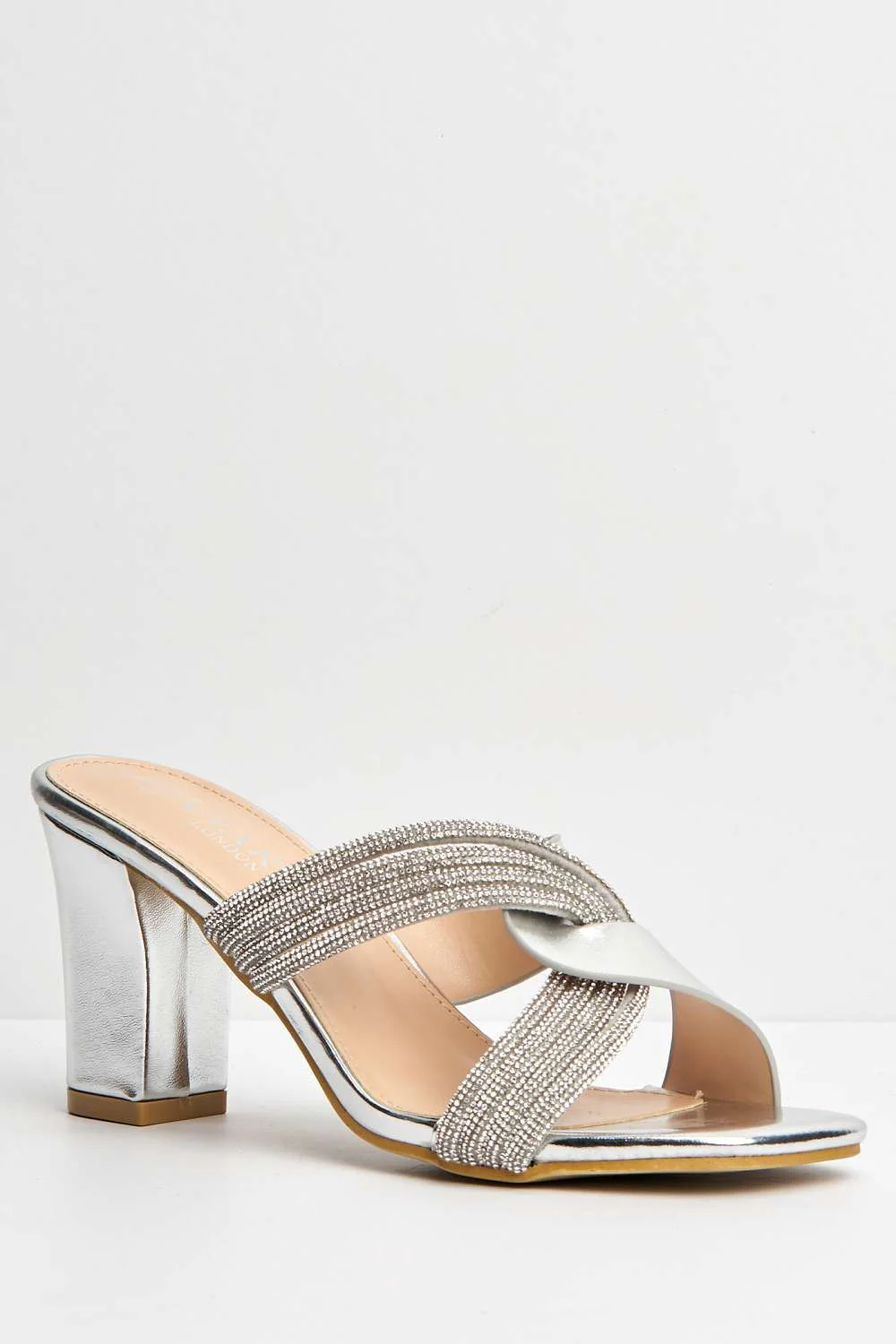 Myla Diamante Rhinestone Cross Heeled Mule Sandals in Silver - Image 4