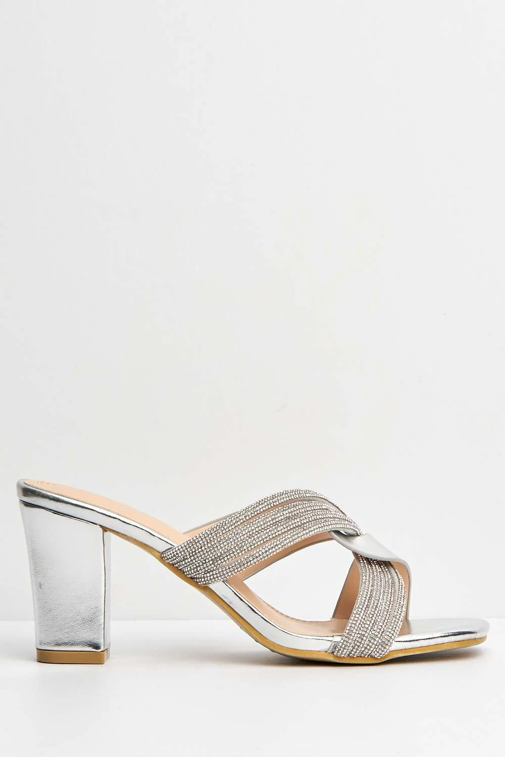 Myla Diamante Rhinestone Cross Heeled Mule Sandals in Silver - Image 5