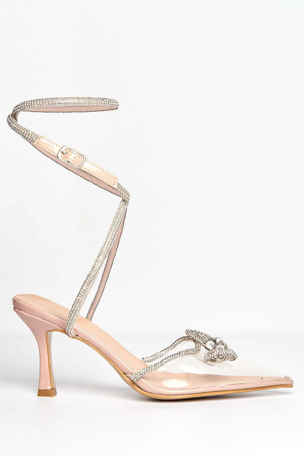 Nasia Diamante Bow Detail Perspex Court Shoes in Nude - Image 4