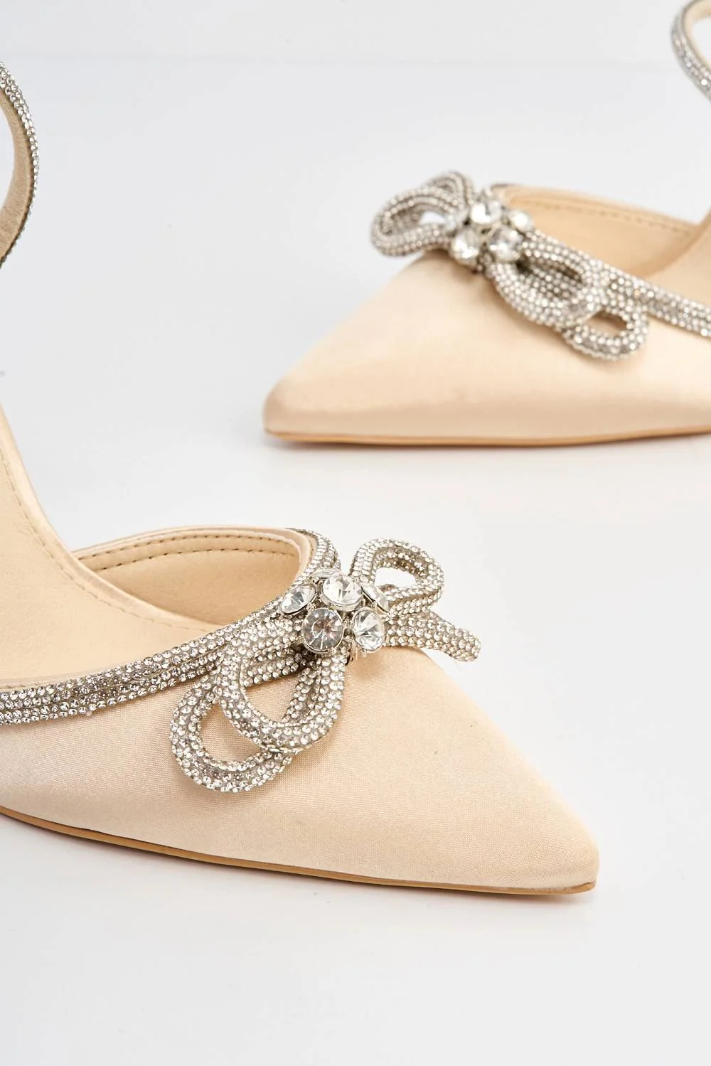 Natalie Pointed Toe Diamante Bow & Strap Court Shoe Heel in Beige - Image 5