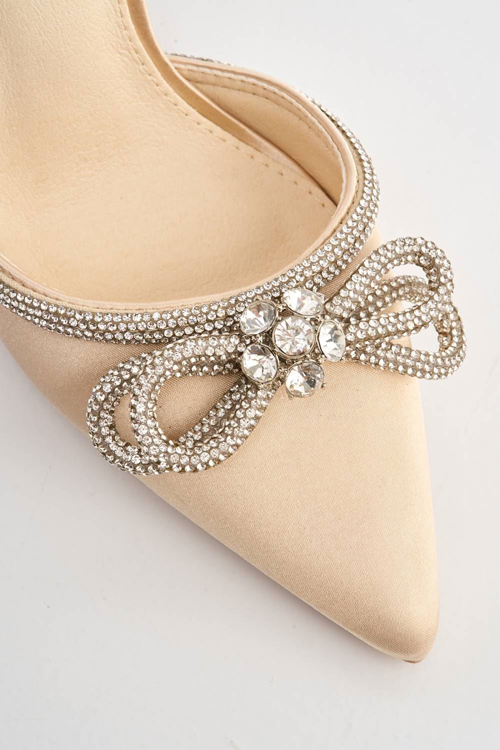 Natalie Pointed Toe Diamante Bow & Strap Court Shoe Heel in Beige - Image 6
