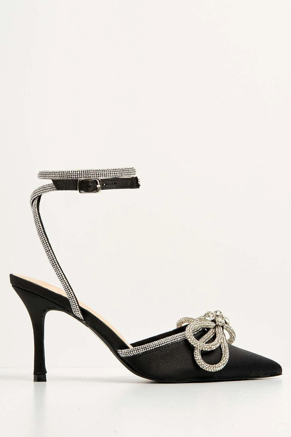 Natalie Pointed Toe Diamante Bow & Strap Court Shoe Heel in Black Satin - Image 4