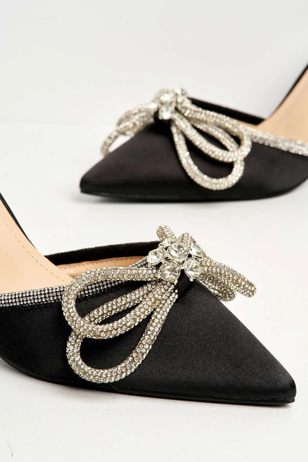 Natalie Pointed Toe Diamante Bow & Strap Court Shoe Heel in Black Satin - Image 5