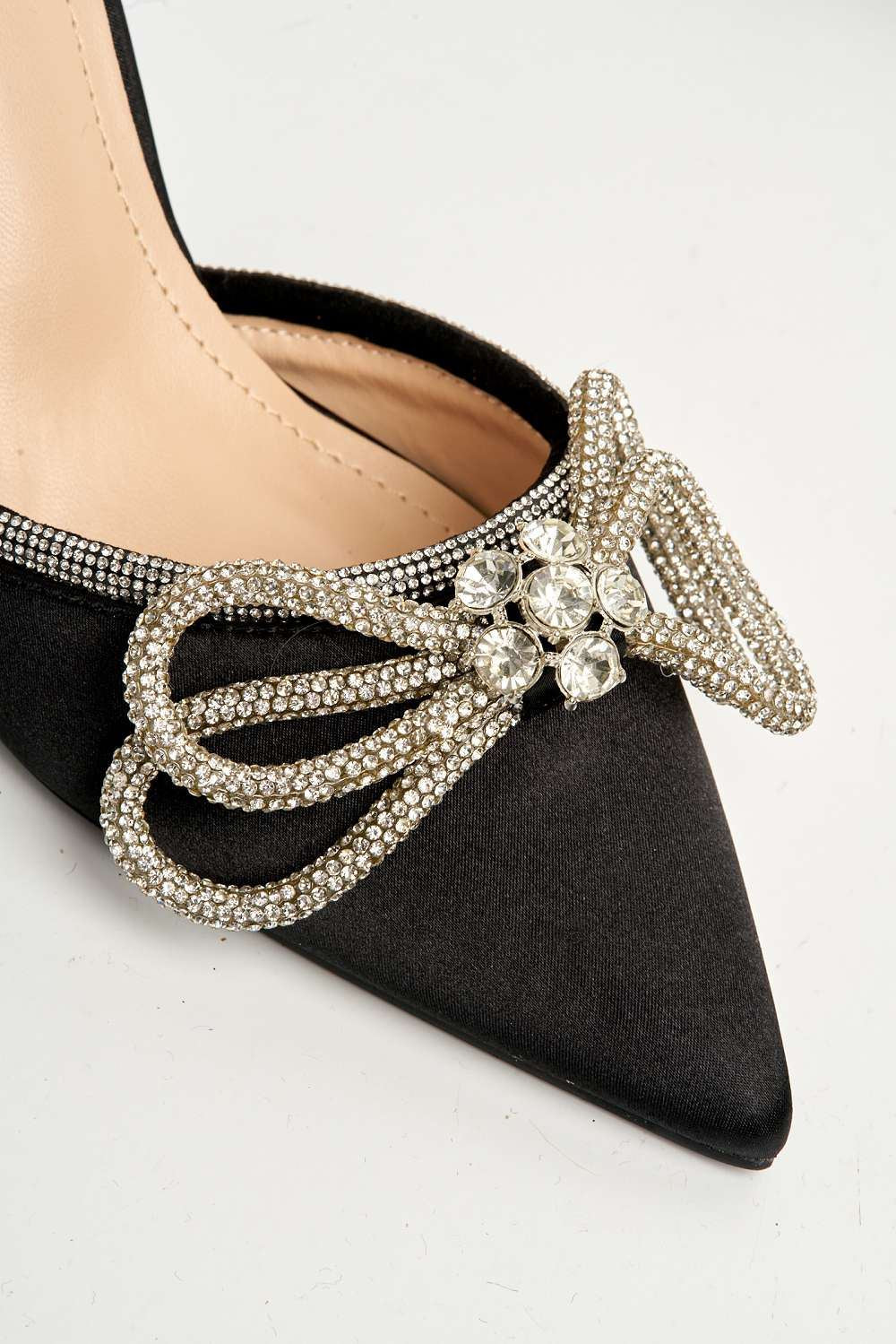 Natalie Pointed Toe Diamante Bow & Strap Court Shoe Heel in Black Satin - Image 6