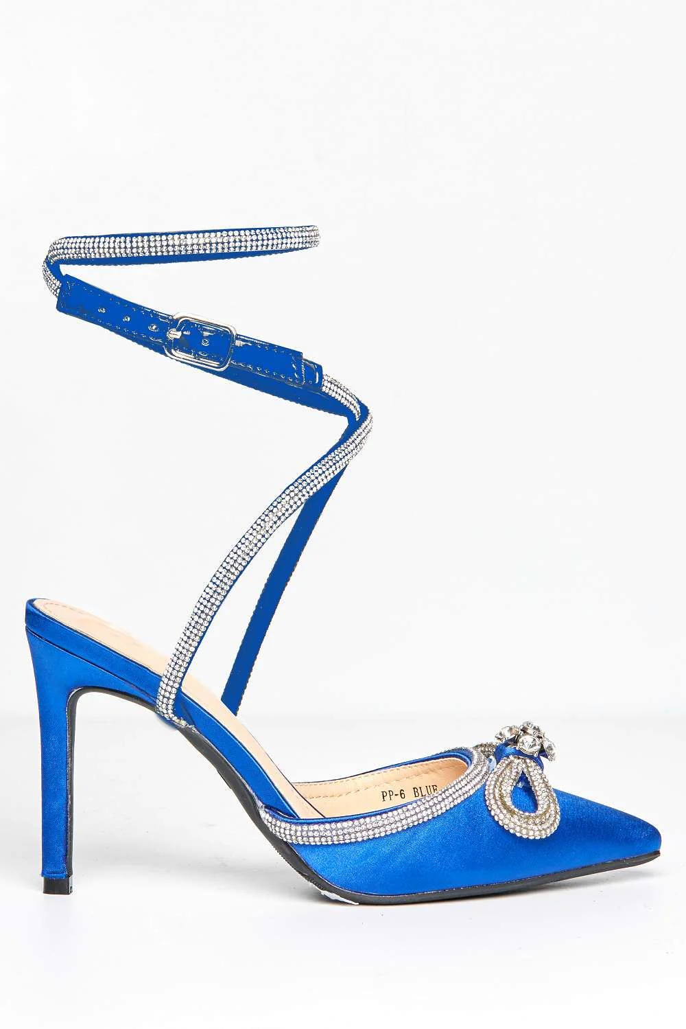 Natalie Pointed Toe Diamante Bow & Strap Court Shoe Heel in Blue Satin - Image 4