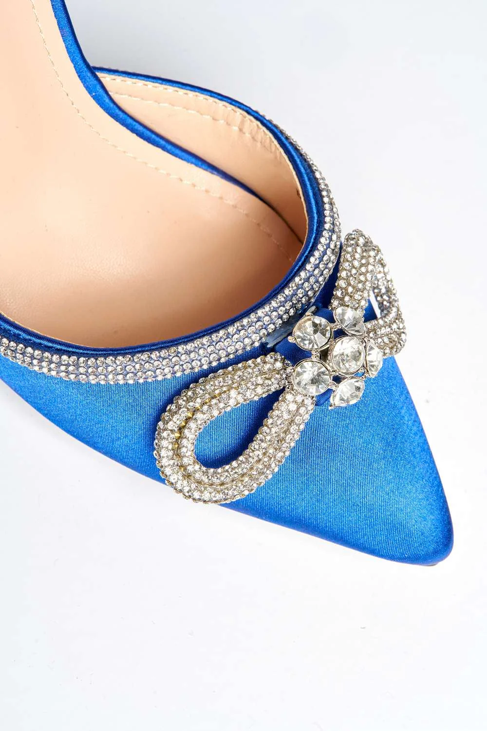 Natalie Pointed Toe Diamante Bow & Strap Court Shoe Heel in Blue Satin - Image 5