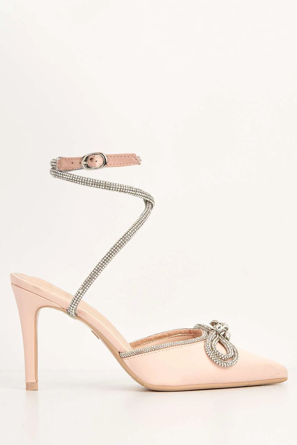 Natalie Pointed Toe Diamante Bow & Strap Court Shoe Heel in Champagne - Image 4