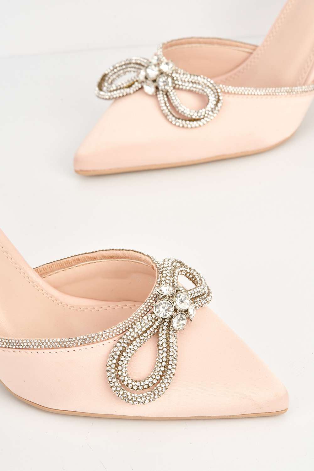Natalie Pointed Toe Diamante Bow & Strap Court Shoe Heel in Champagne - Image 5