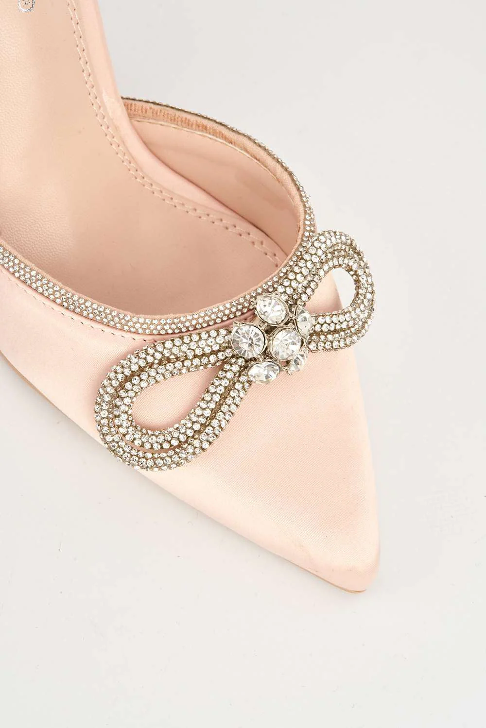 Natalie Pointed Toe Diamante Bow & Strap Court Shoe Heel in Champagne - Image 6