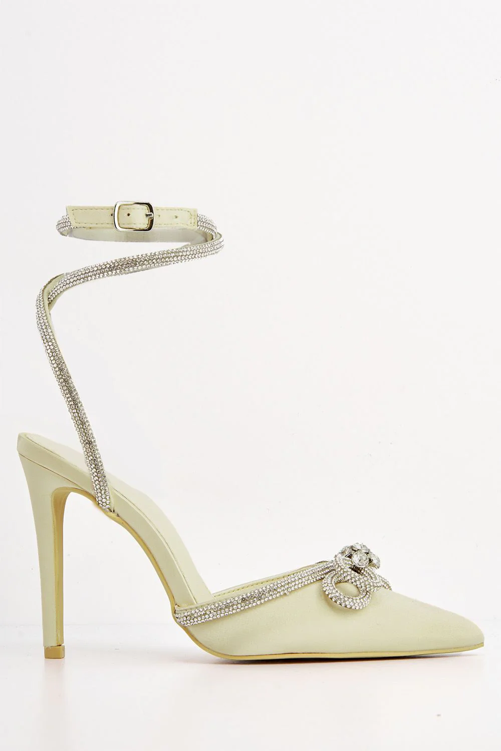 Natalie Pointed Toe Diamante Bow & Strap Court Shoe Heel in Gold Satin - Image 4