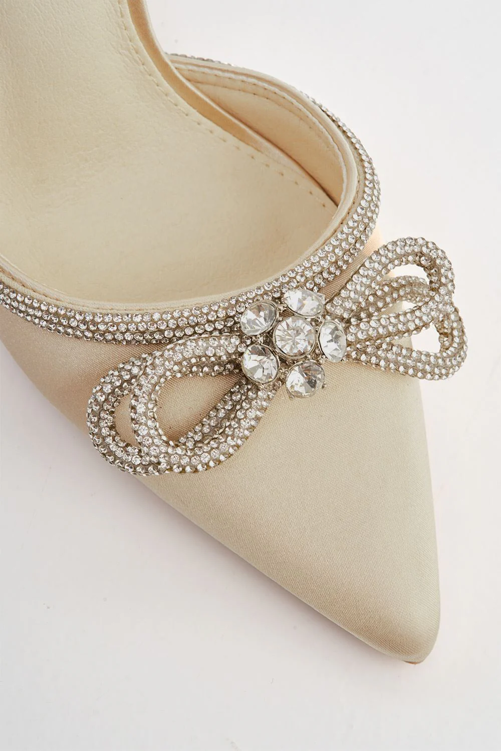 Natalie Pointed Toe Diamante Bow & Strap Court Shoe Heel in Gold Satin - Image 5