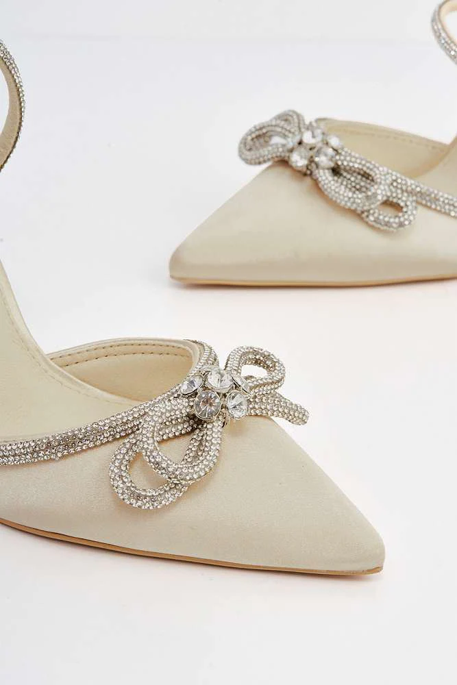Natalie Pointed Toe Diamante Bow & Strap Court Shoe Heel in Gold Satin - Image 6