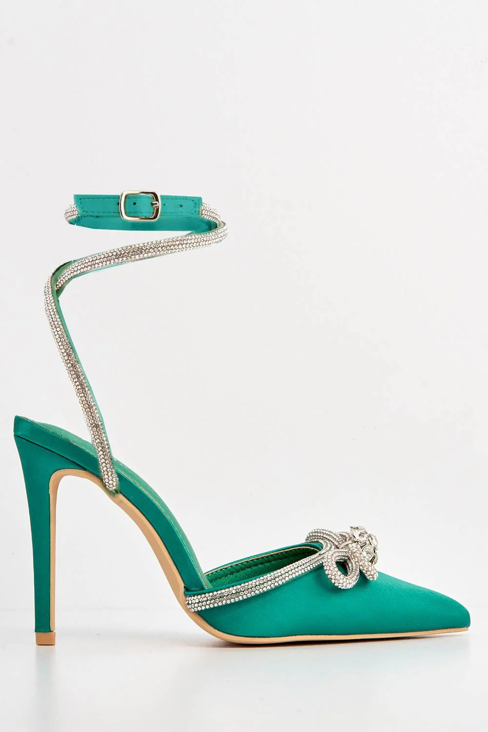 Natalie Pointed Toe Diamante Bow & Strap Court Shoe Heel in Green - Image 4