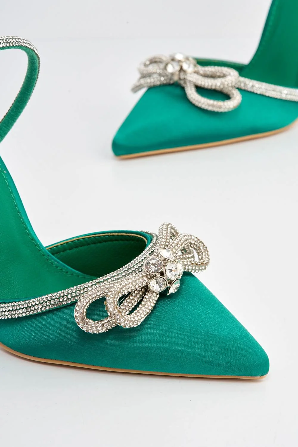 Natalie Pointed Toe Diamante Bow & Strap Court Shoe Heel in Green - Image 5