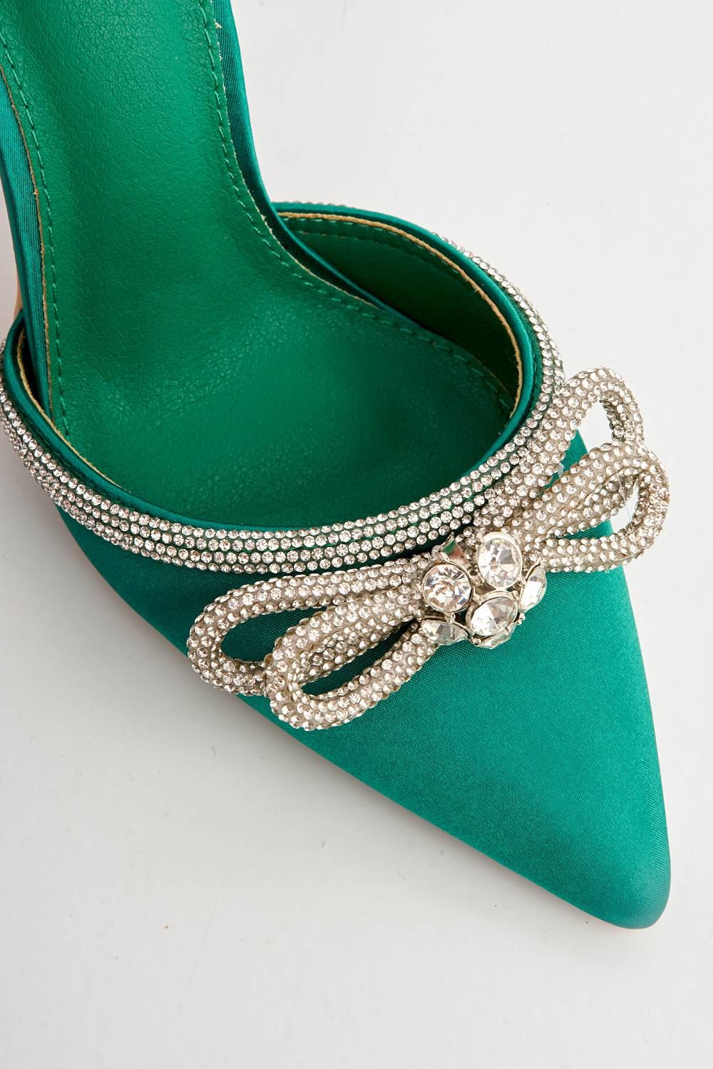 Natalie Pointed Toe Diamante Bow & Strap Court Shoe Heel in Green - Image 6