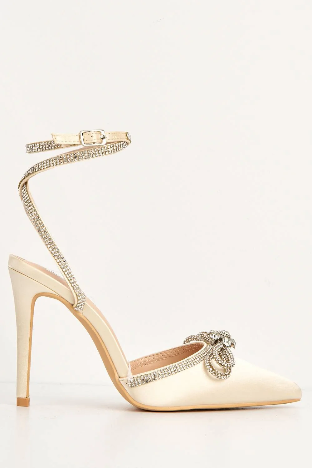 Natalie Pointed Toe Diamante Bow & Strap Court Shoe Heel in Nude - Image 4