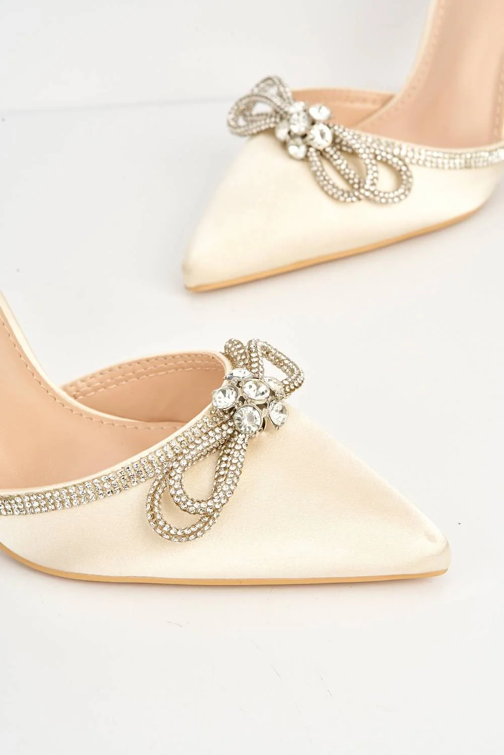 Natalie Pointed Toe Diamante Bow & Strap Court Shoe Heel in Nude - Image 5