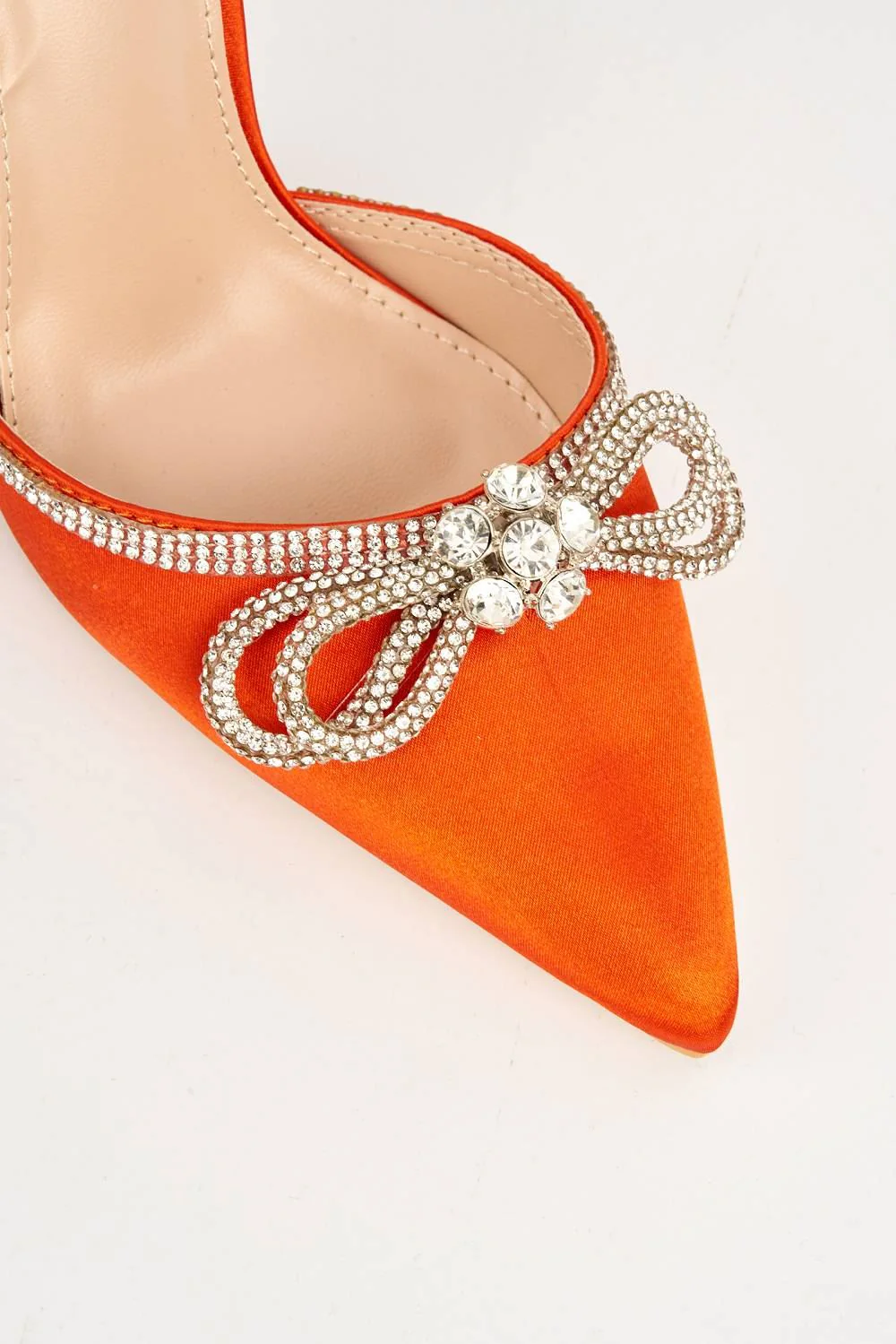 Natalie Pointed Toe Diamante Bow & Strap Court Shoe Heel in Orange - Image 6