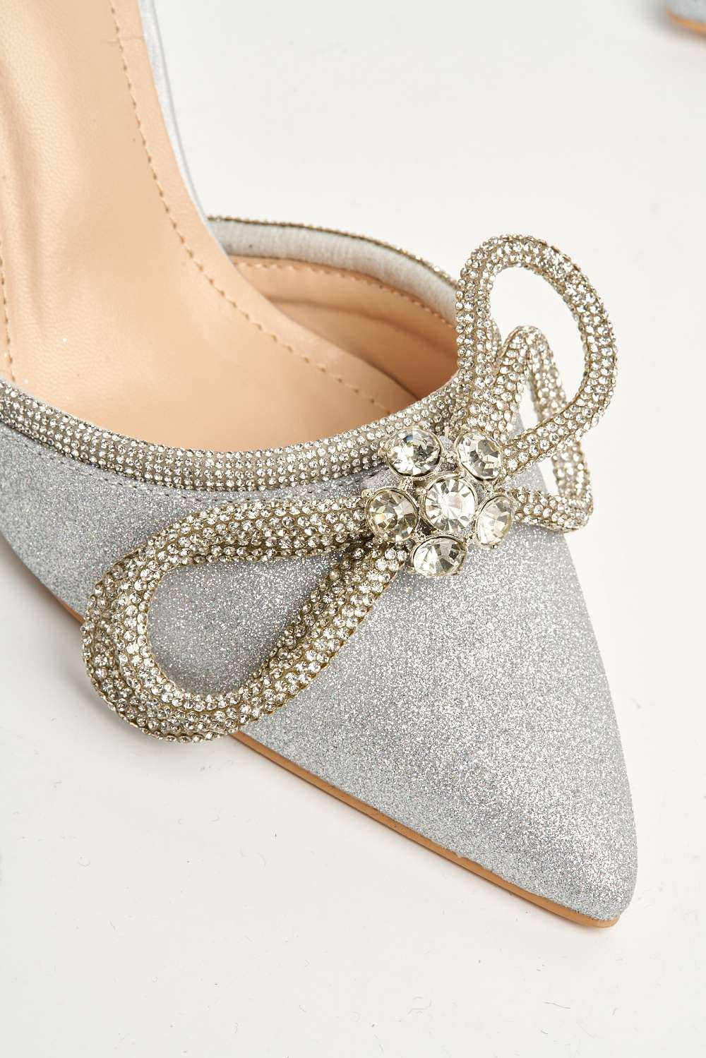 Natalie Pointed Toe Diamante Bow & Strap Court Shoe Heel in Silver Glitter - Image 6