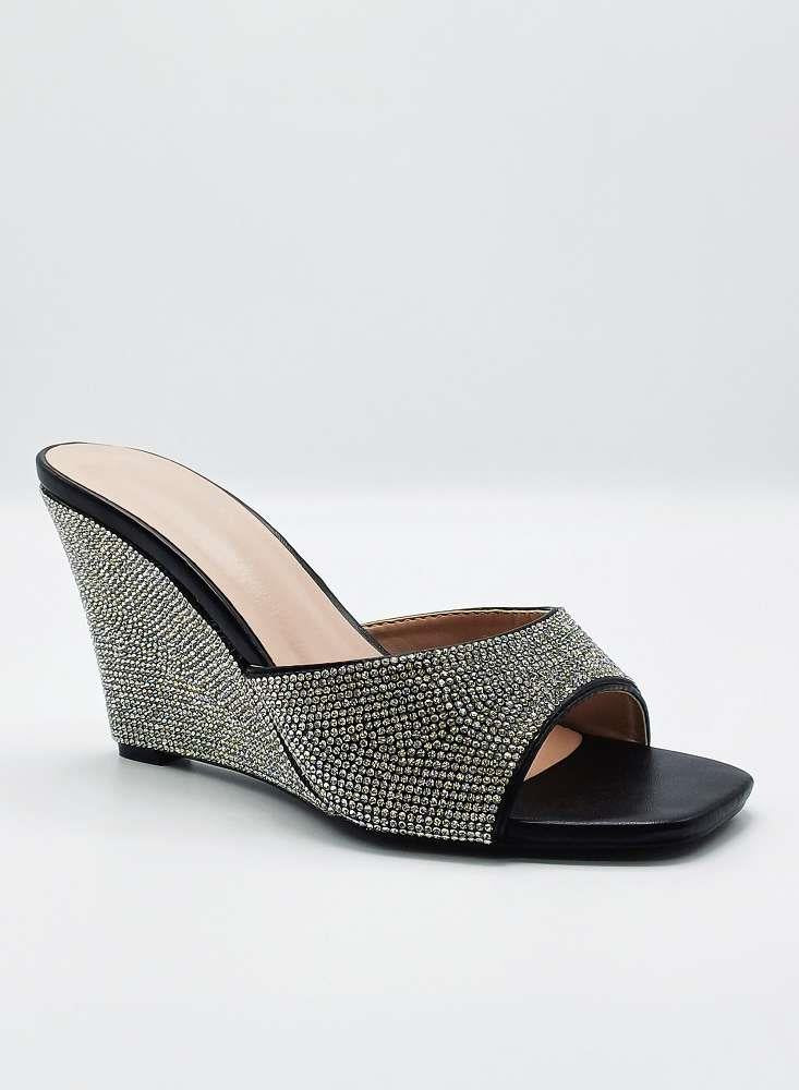 Natassia Diamante Encrusted Slip On Wedges in Black - Image 4