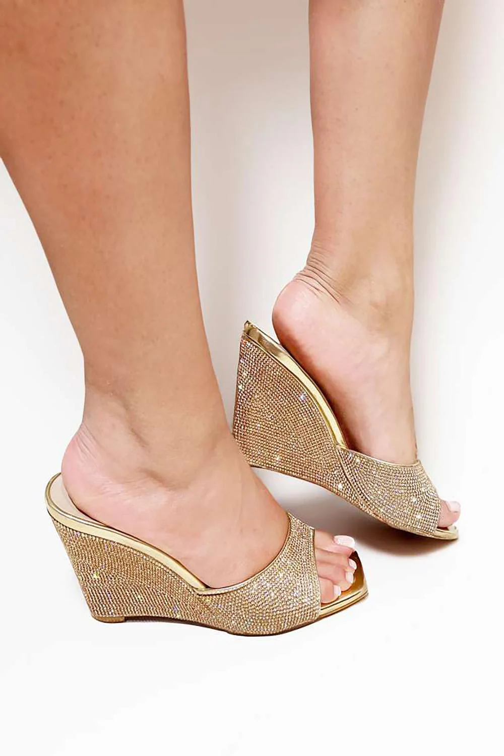Natassia  Diamante Encrusted Slip On Wedges in Champagne - Image 3