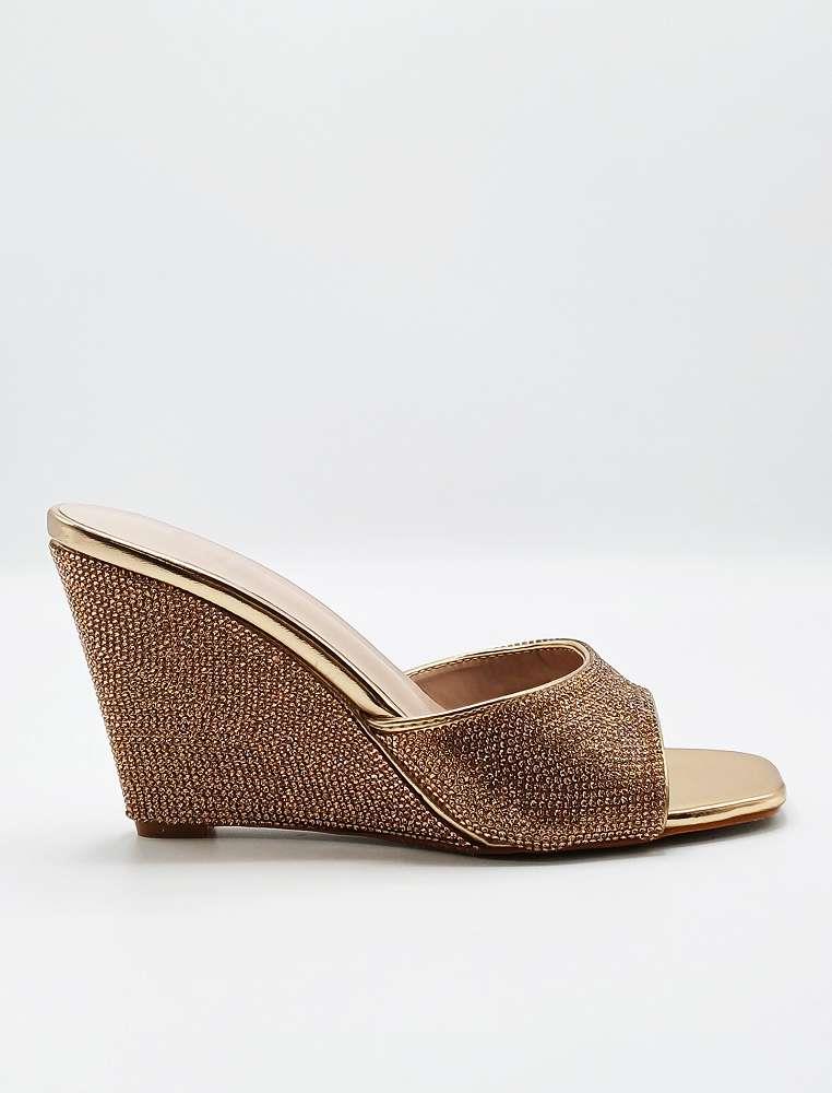 Natassia  Diamante Encrusted Slip On Wedges in Champagne - Image 4