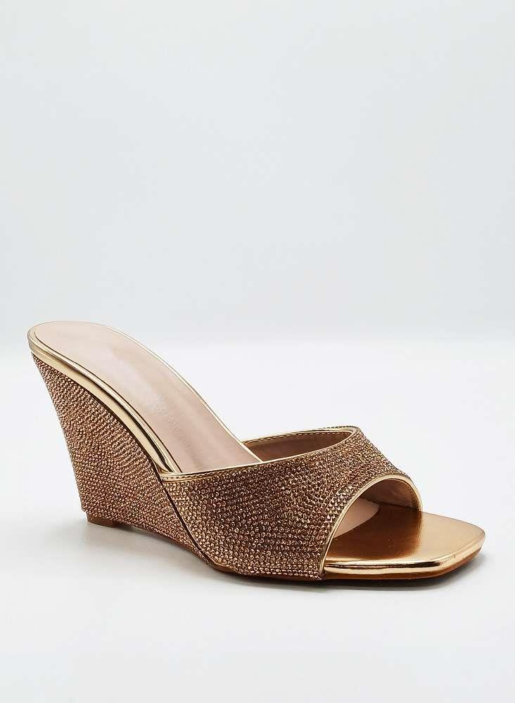 Natassia  Diamante Encrusted Slip On Wedges in Champagne - Image 5