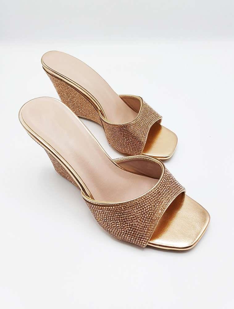 Natassia  Diamante Encrusted Slip On Wedges in Champagne - Image 6