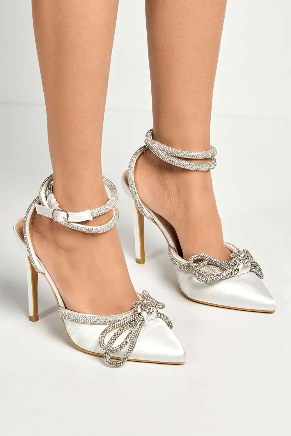 Nattie Pointed Toe Diamante Bow Court Shoe Heels in Ivory - Image 2