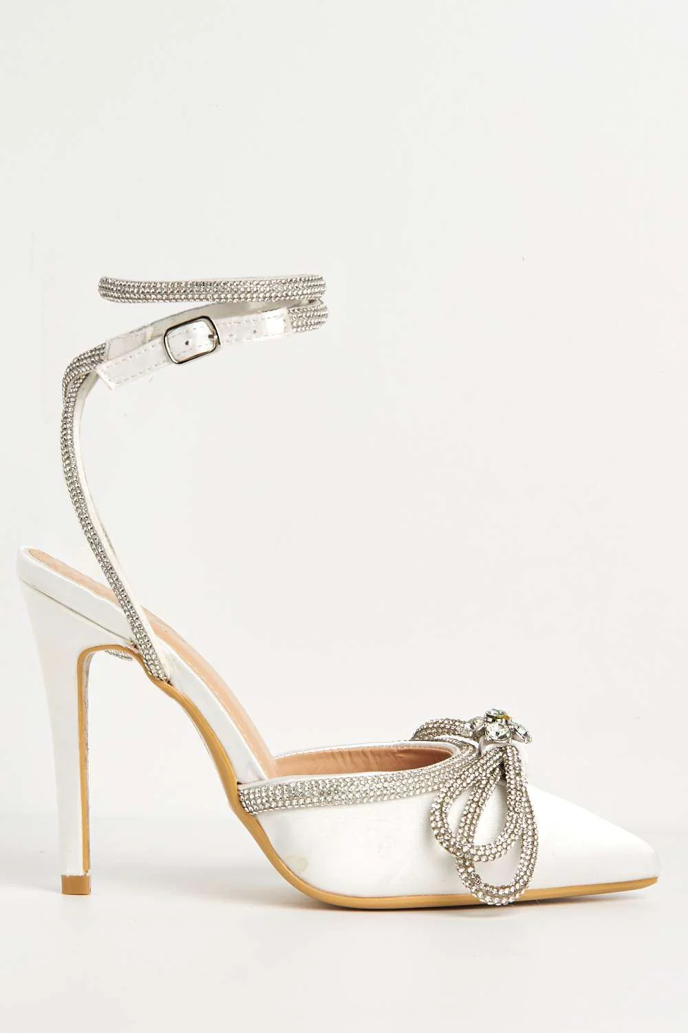 Nattie Pointed Toe Diamante Bow Court Shoe Heels in Ivory - Image 4