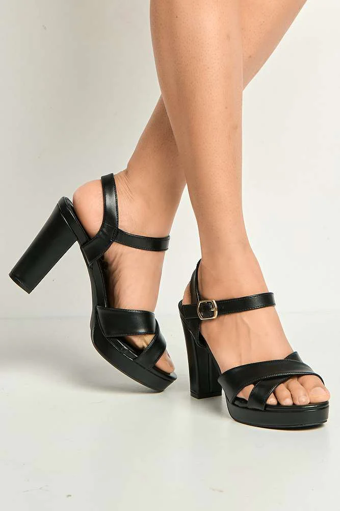 Natty Criss-Cross Font Block Heel Ankle Strap Sandals in Black - Image 2