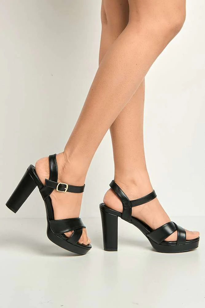 Natty Criss-Cross Font Block Heel Ankle Strap Sandals in Black - Image 3