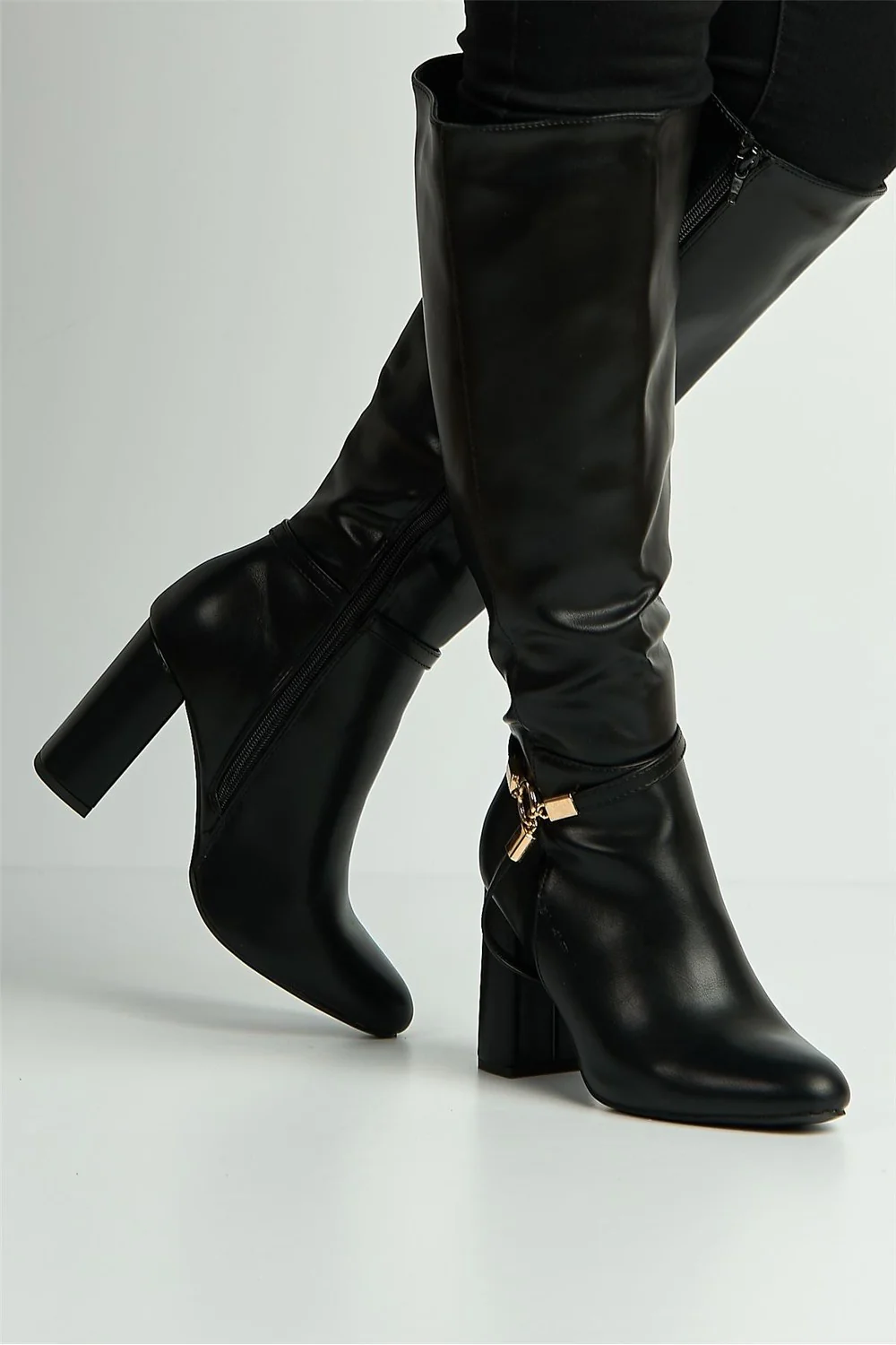 Nerissa O Gold Buckle Detail Block Heel Knee High Boots in Black Matt - Image 2