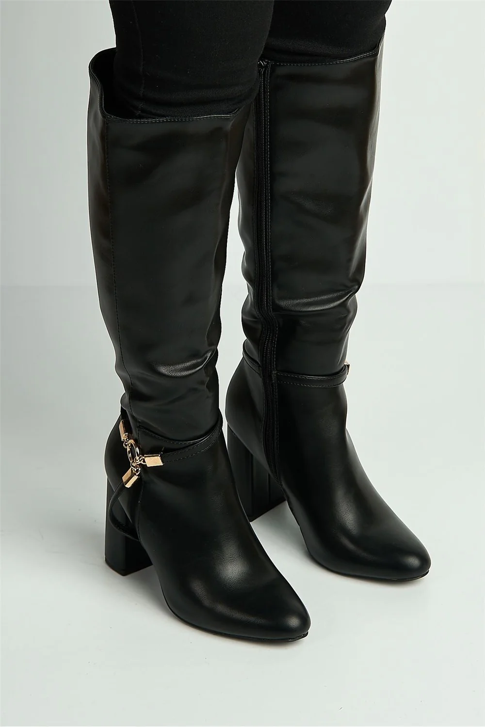 Nerissa O Gold Buckle Detail Block Heel Knee High Boots in Black Matt - Image 3