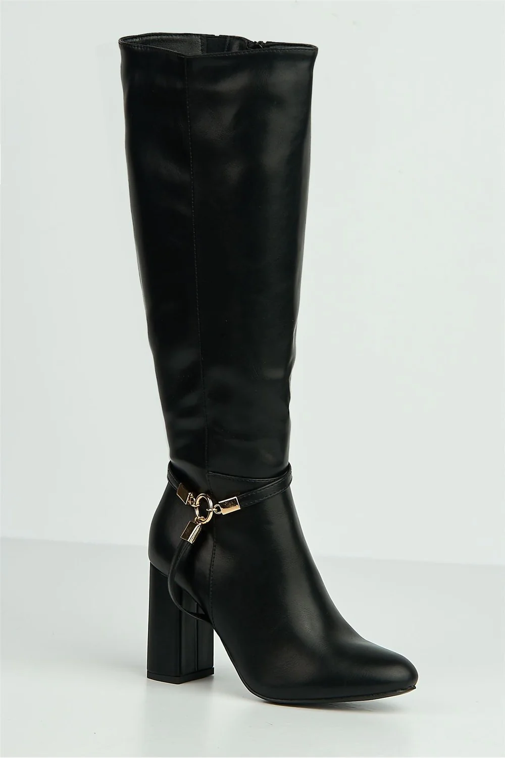Nerissa O Gold Buckle Detail Block Heel Knee High Boots in Black Matt - Image 4