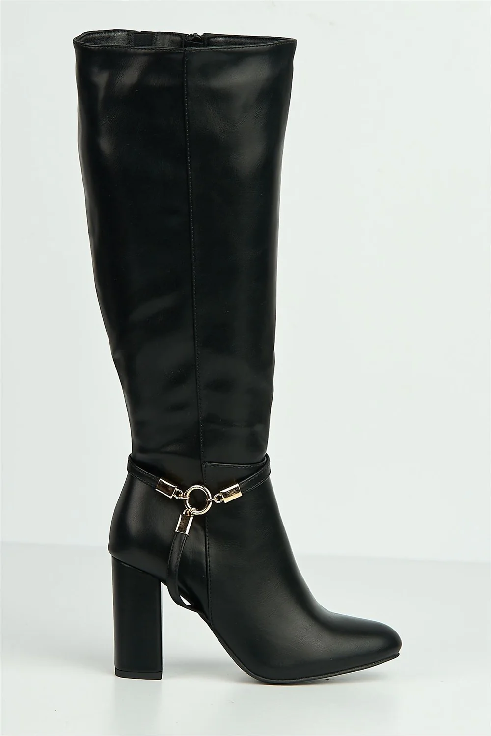 Nerissa O Gold Buckle Detail Block Heel Knee High Boots in Black Matt - Image 5