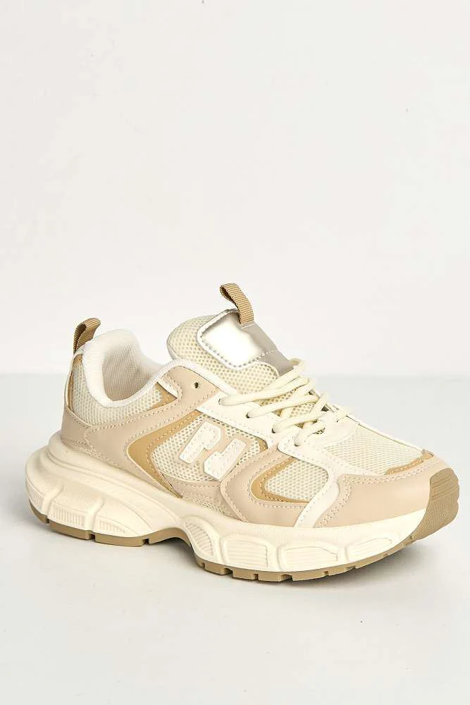 Nerva Stripe Panel N Lace Up Trainers in Beige - Image 4