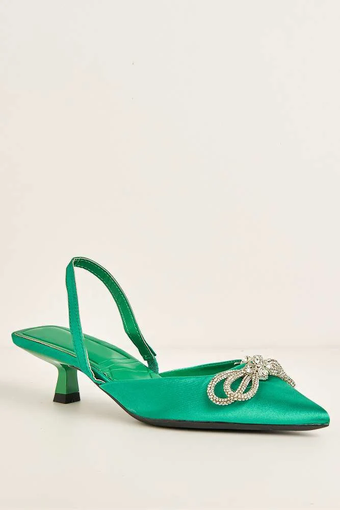 Nia Diamante Bow Detail Kitten Heel Court Shoes in Green - Image 4