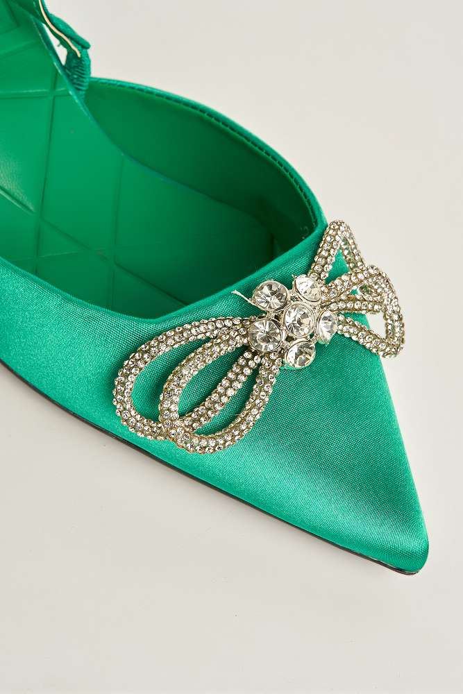 Nia Diamante Bow Detail Kitten Heel Court Shoes in Green - Image 5