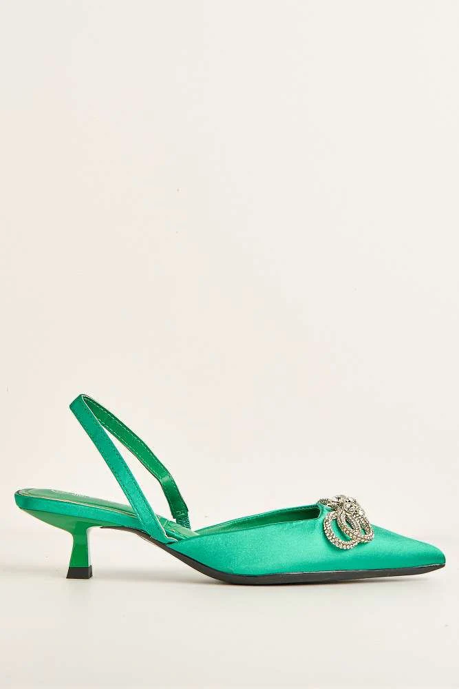 Nia Diamante Bow Detail Kitten Heel Court Shoes in Green - Image 6