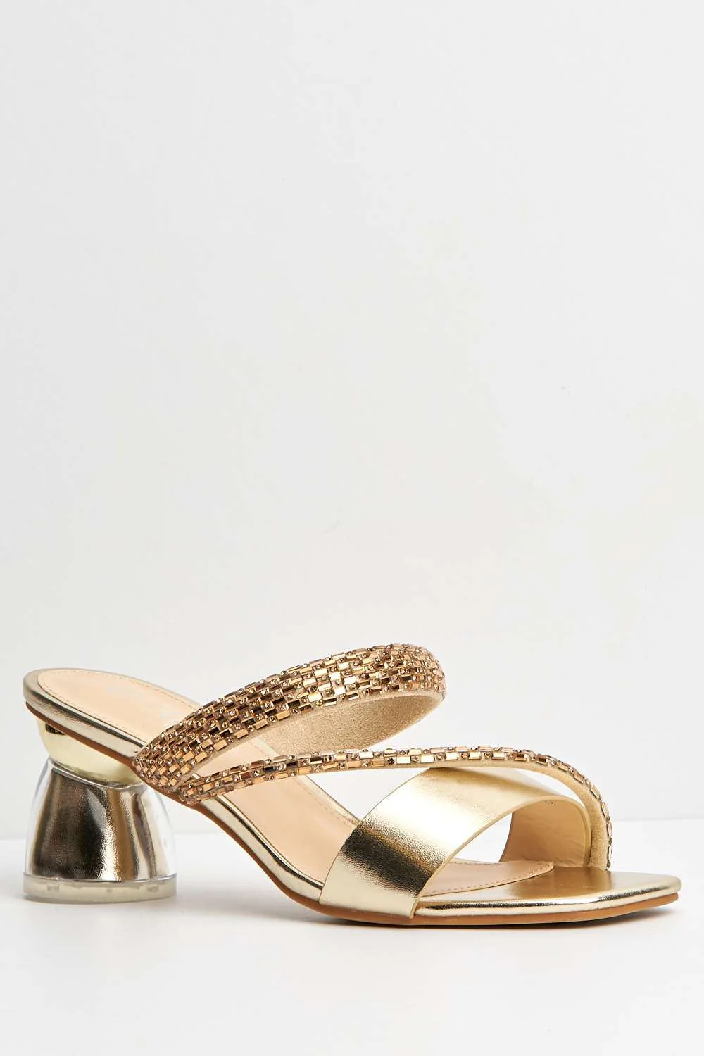 Nimra Diamante Embellished Block Heel Mules in Gold - Image 4